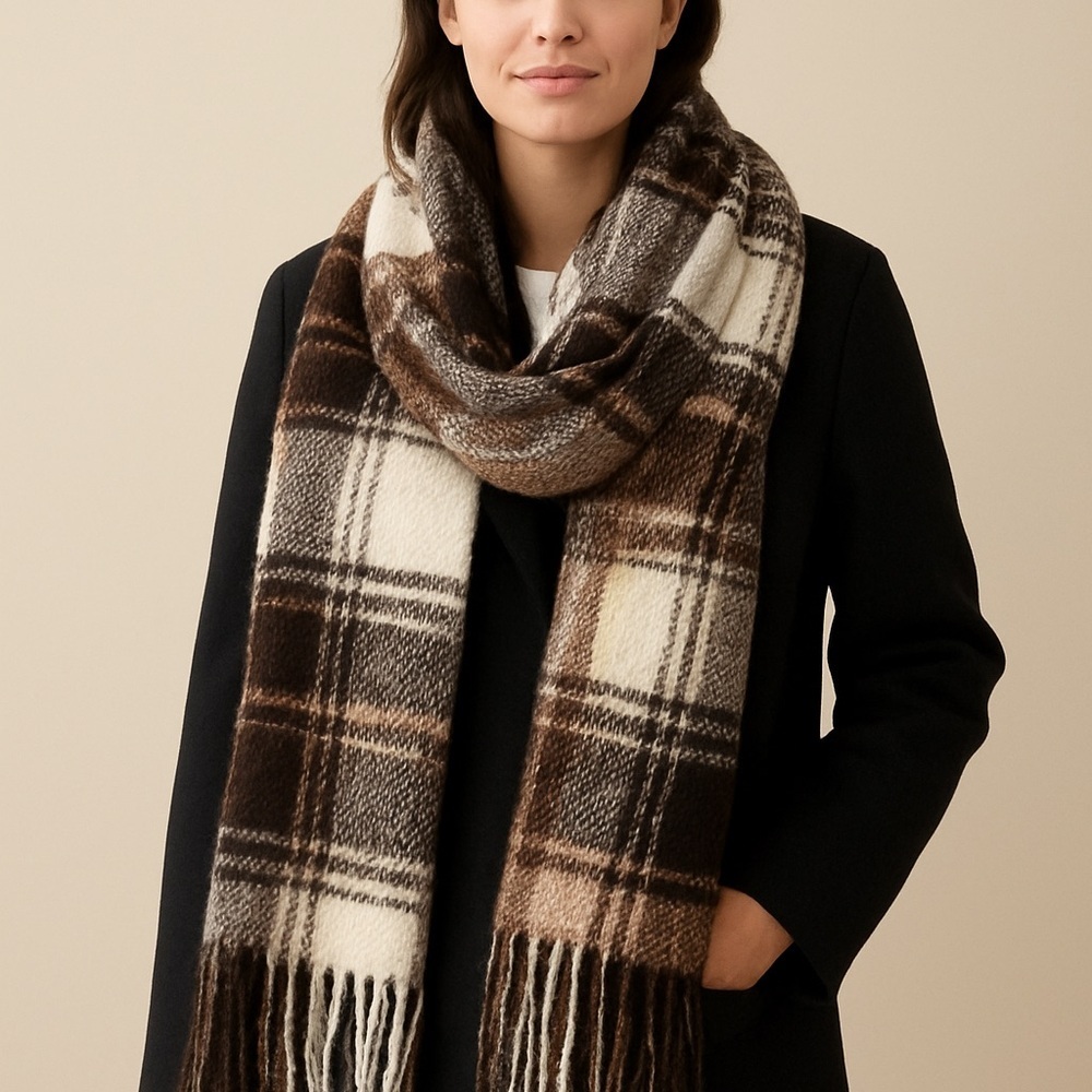 Steve Madden Large 80”x20” Brown/White Fringed Colorblock Scarf. Unisex